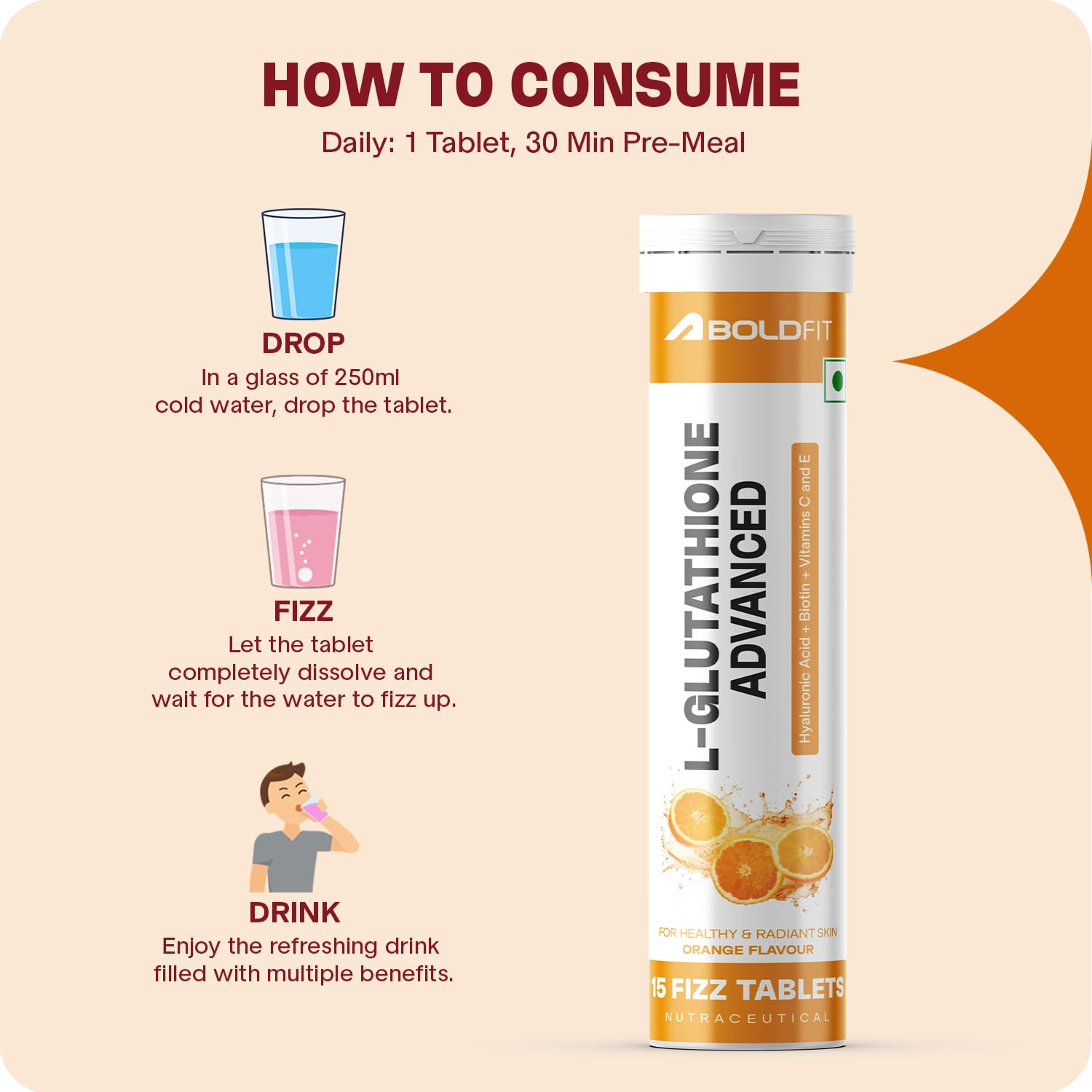 Boldfit Glutathione Effervescent 500mg LGlutathione Tablets with Vitamin E,Biotin and Vitamin C Tablet Supports Healthy Skin, Detoxification and Immune Health- 15 Veg Effervescent