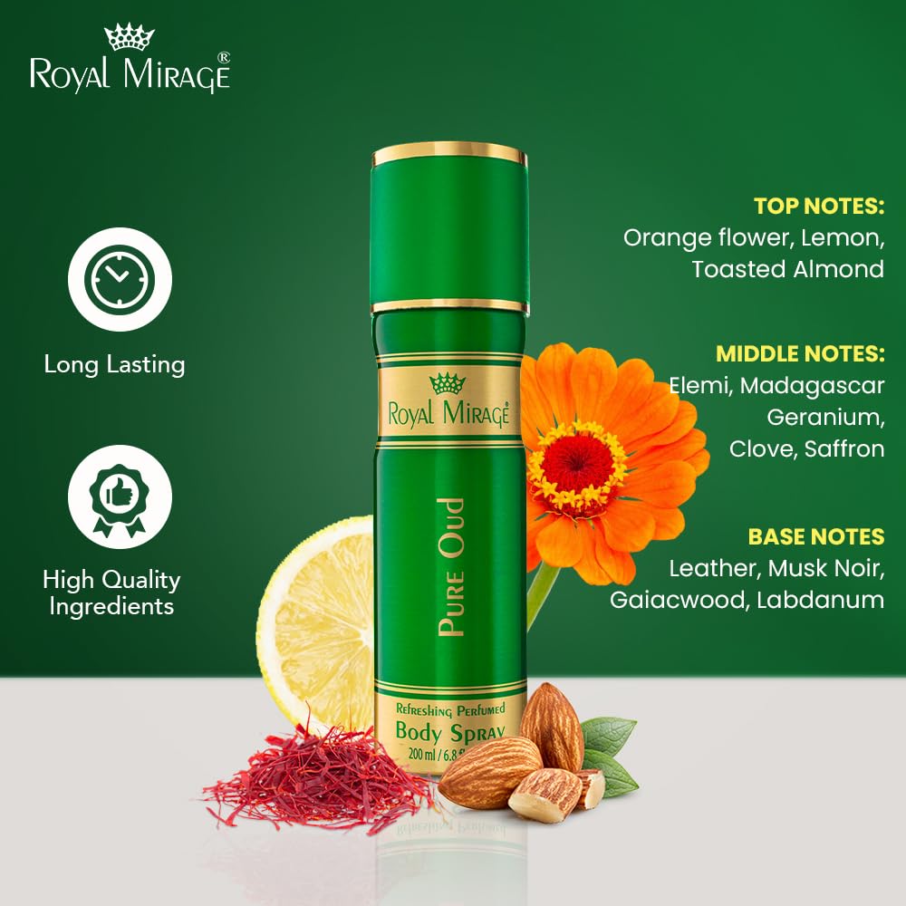Royal Mirage Pure Oud Body Spray | Long-Lasting Unisex Perfume | Oud, Leather & Saffron Notes | Bold & Captivating Luxury Fragrance | Exotic & Sophisticated Scent | Gift for Men & Women | 200ml
