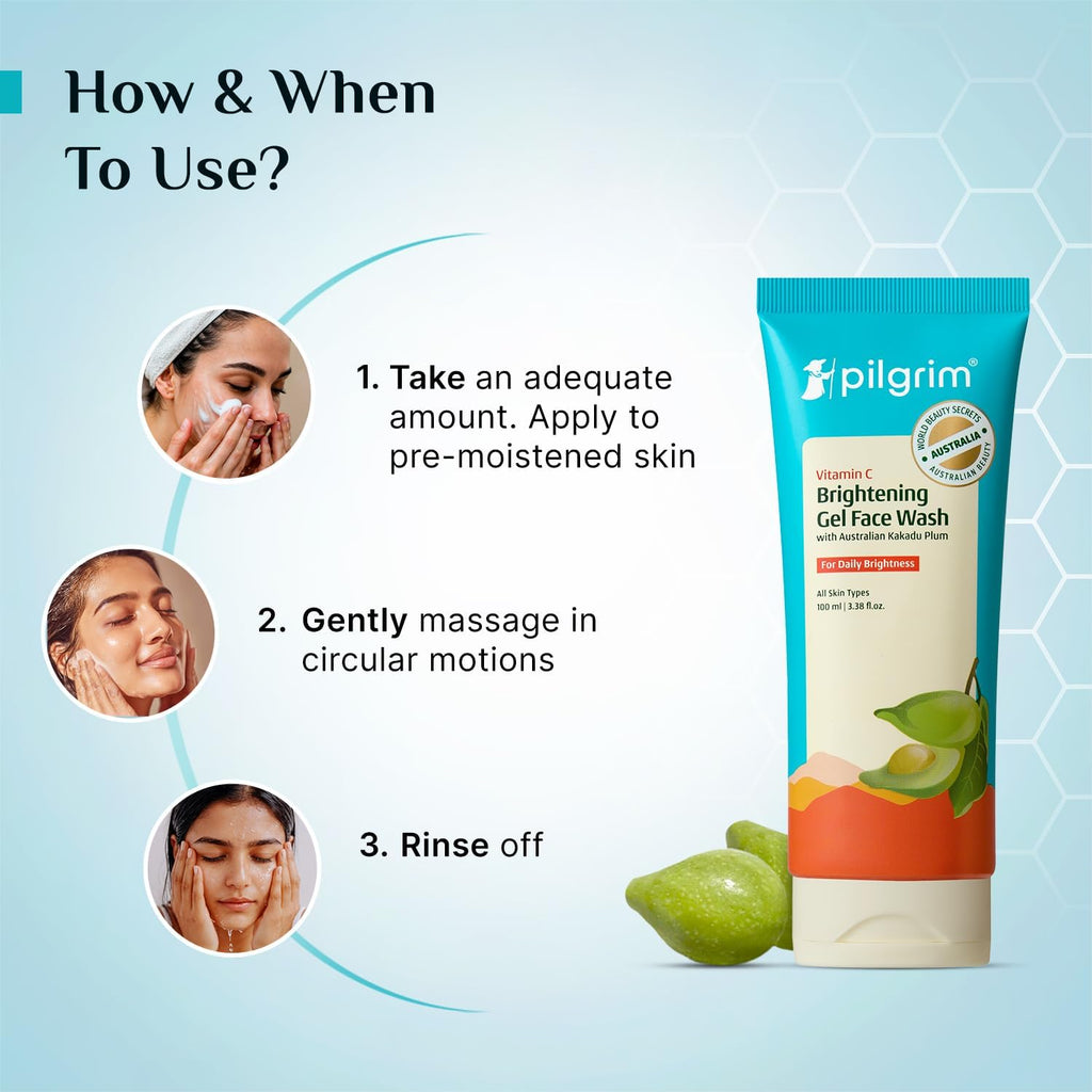 Pilgrim Australian Vitamin C Gel Face Wash for glowing skin with Kakadu Plum & Lime Pearlâ„¢ | Face wash for dry & radiant skin | Women & Men | 100 ml