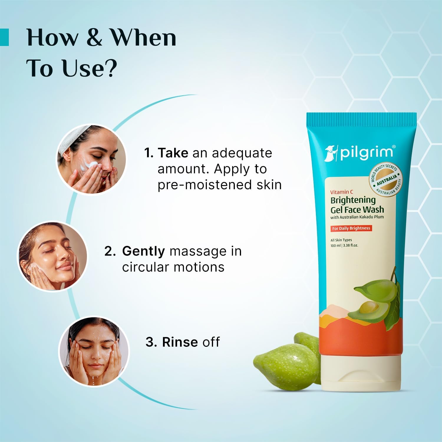 Pilgrim Australian Vitamin C Gel Face Wash for glowing skin with Kakadu Plum & Lime Pearlâ„¢ | Face wash for dry & radiant skin | Women & Men | 100 ml