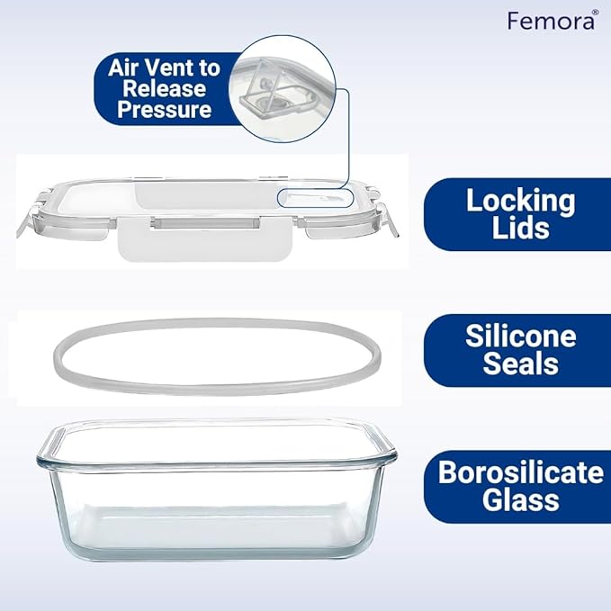 Femora Borosilicate Rectangular Glass Food Storage Container With Air Vent Lid | 620 Ml | Blue