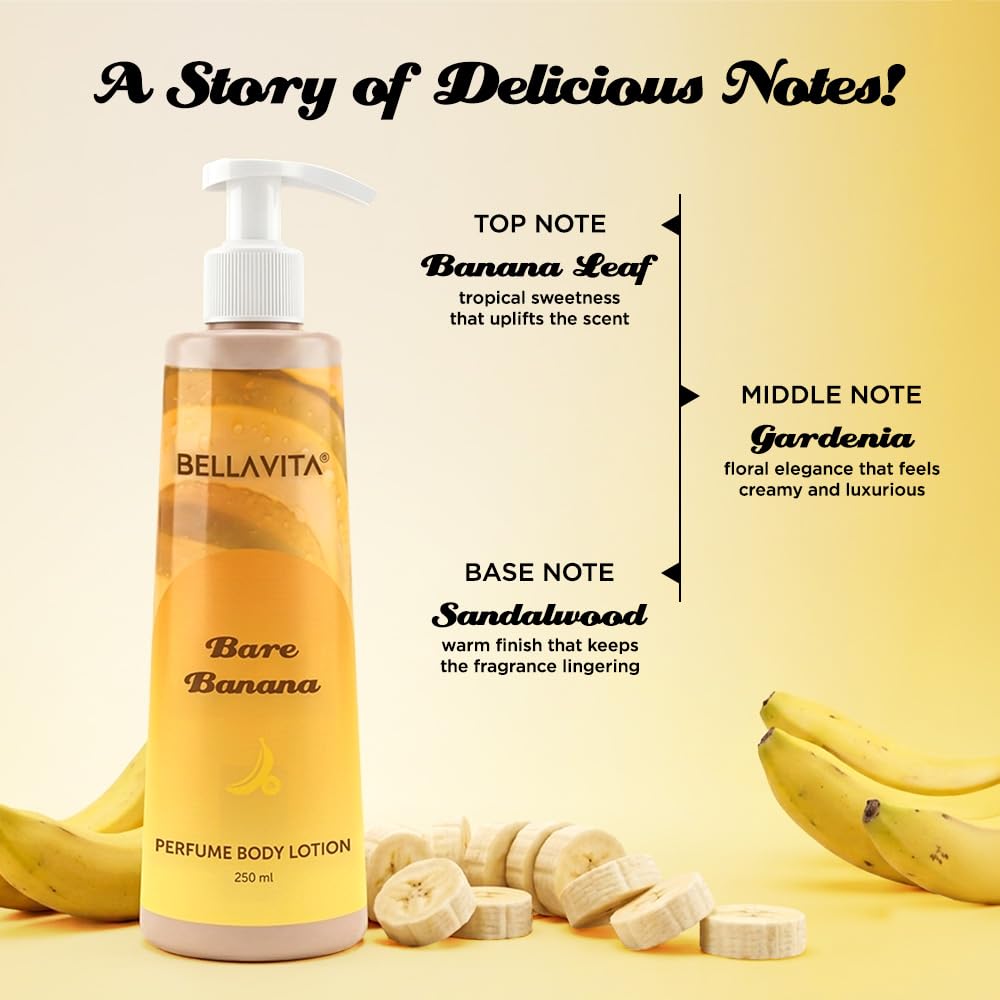 BELLAVITA Bare Banana | Perfume Body Lotion for Man and Woman | Long-lasting Hydration | Soft & Smooth Skin | Long-lasting Scent | Paraben-free | Infused with Cocoa Butter & Glycerin | 250ml