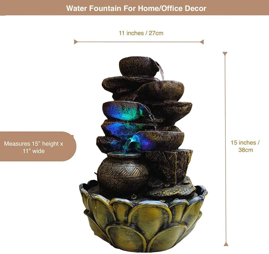 Alila Resin Water Fall Fountain for Home Living Room Decor with Led Lights 15 Inch