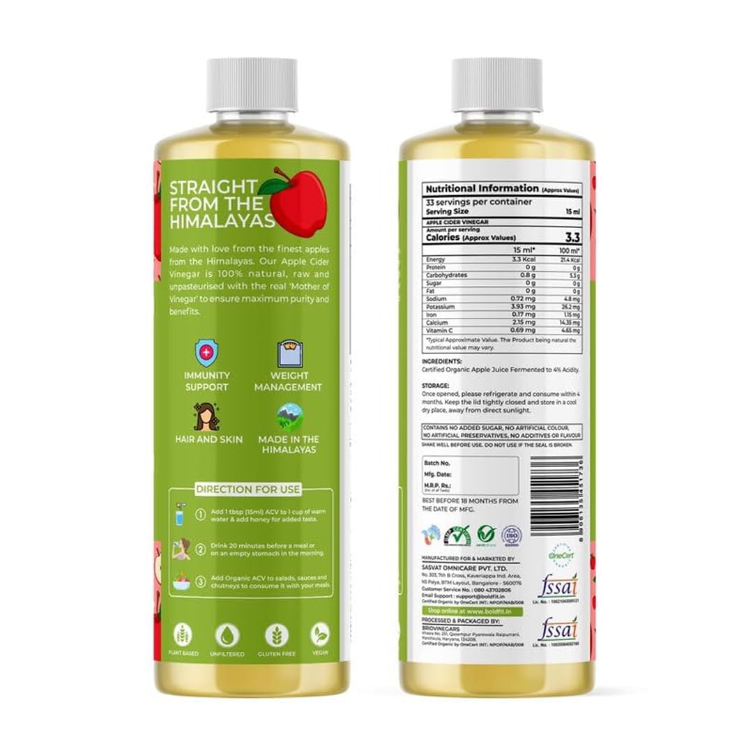 Boldfit Organic Apple Cider Vinegar with Mother Juice Raw, Unfiltered, Unpasteurized ACV Juice for Weight Loss, Digestion, Gut Health, Bloating, Hair and Skin Care- 1L