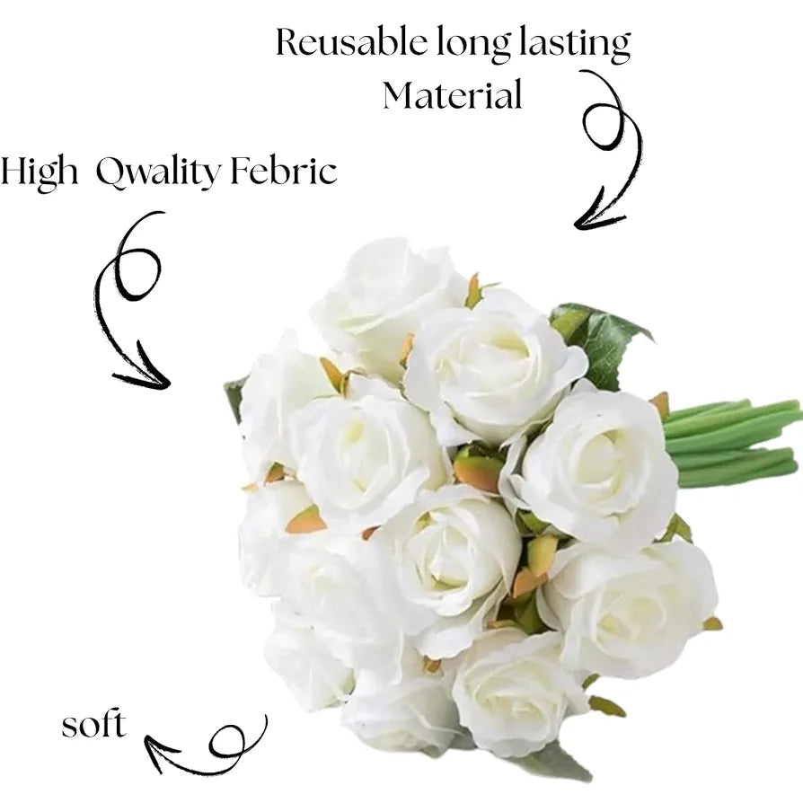 Artificial Rose Flower Bunches for Vase Set of 12 White