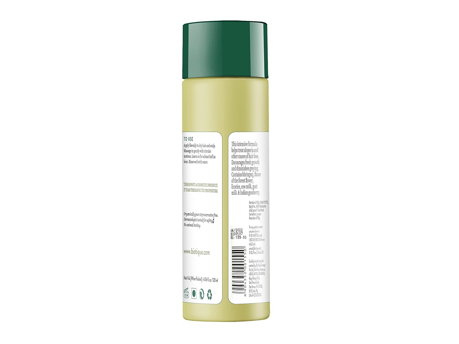 Biotique Bio Bhringraj Therapeutic Hair Oil for Falling Hair | Intensive Hair Regrowth Treatment | Nourishing Hair Follicles| Strong and Shiny Hair| For All Skin Types| 200m