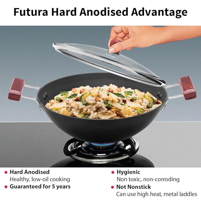 Hawkins Futura 3 Litre Deep Fry Pan Hard Anodised Kadai with Glass Lid