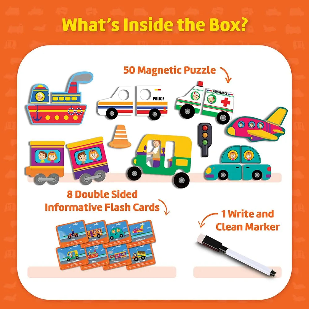 Funtad Magnetic Fun Art Puzzle Vehicles 4-in-1 Travel Friendly Educational Toy with Writable Board 50 Magnetic Pieces with for Boys & Girls Age 3,4,5 & 6 yrs