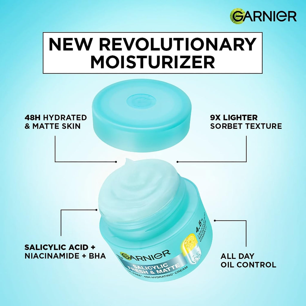 Garnier Fresh & Matte Salicylic Acid Sorbet Moisturizer Cream, 4.5% Salicylic Acid + Niacinamide + Vitamin C, 9x Lighter Sorbet Cream, For Hydration & Oil Control, Suitable for Oily to Normal & Combination Skin, 45g