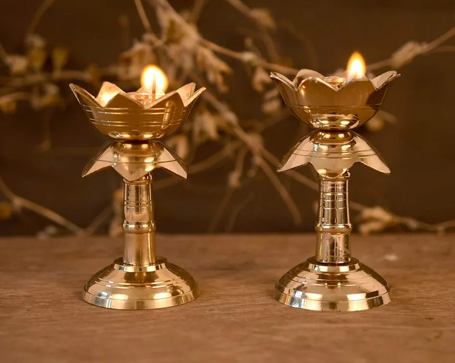 Collectible India Set of 2 Brass Diya for Puja Diya for Diwali - Lotus Shape Pillar Diya Stand Oil Lamp -3.8 Inch