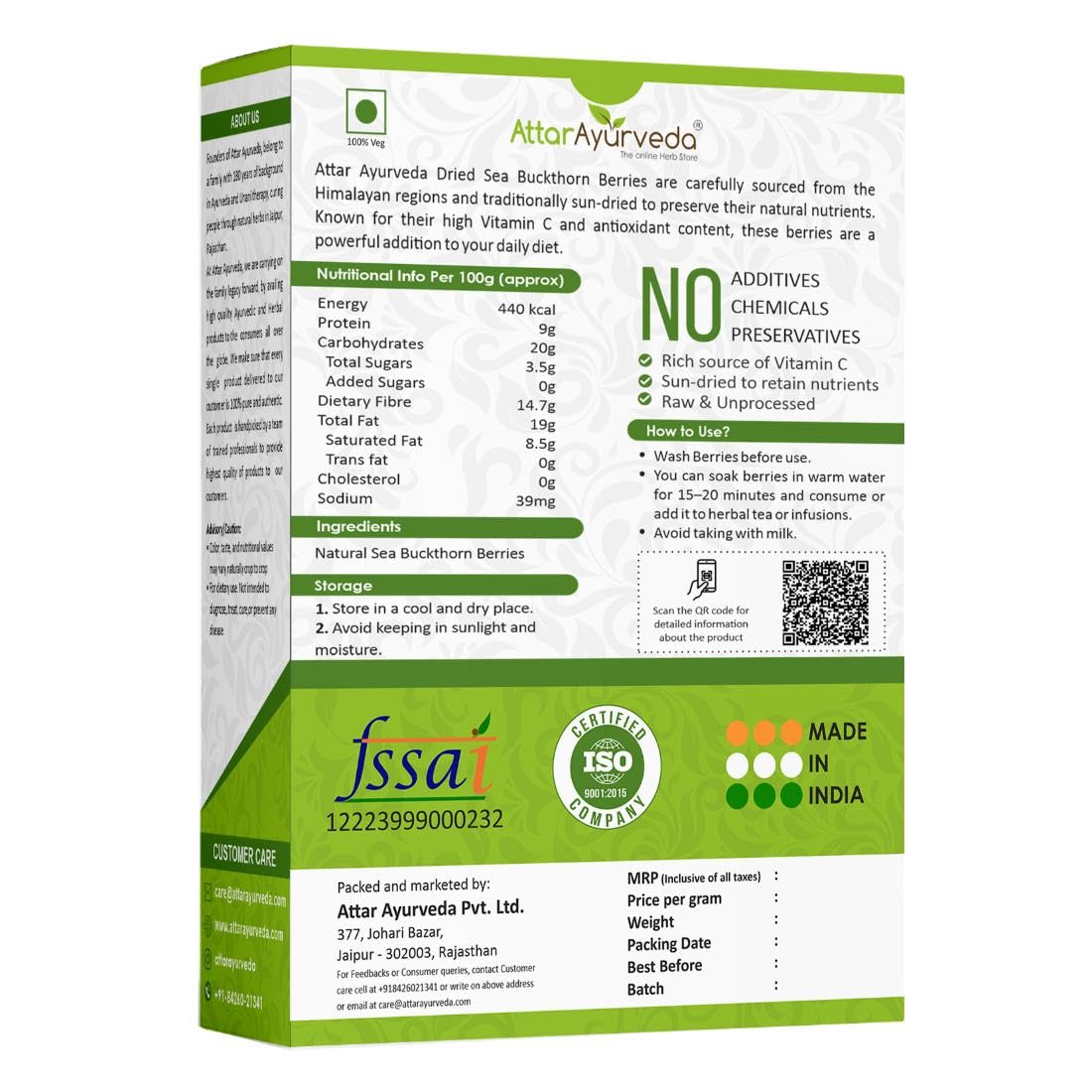 Attar Ayurveda Sea buckthorn berry 100 grams (Sun-dried) | Sourced from Himalyas | Rich in Vitamin C & Antioxidants | Natural Superfood for Immunity & Skin Health | 100% Pure & No Added Sugar