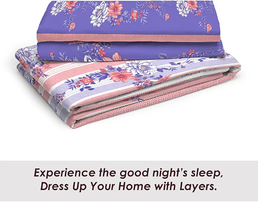 Layers Pavia Cotton Bedsheet Set for All Seasons Lightweight 104 TC Queen Size Peach Purple