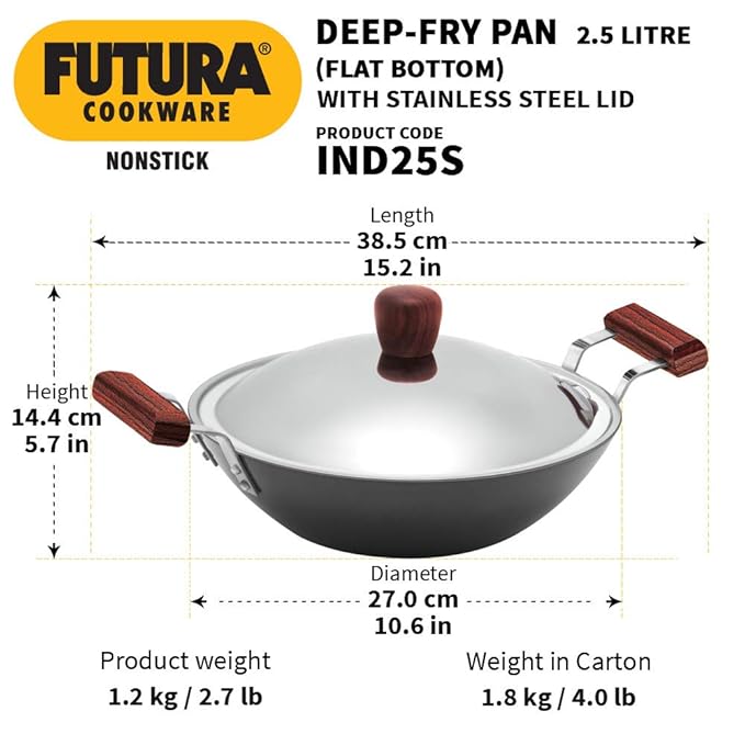 Hawkins Futura 2.5 Litre Deep Fry Pan, Non Stick Kadai with Stainless Steel Lid