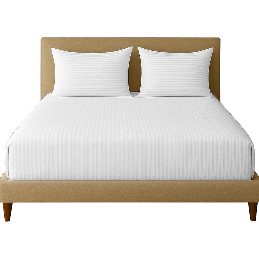 Trance Home Linen Cotton 300Tc Satin Stripe Queen Fitted Bed Sheet With 2 Pillow Covers 300 tc Colour White