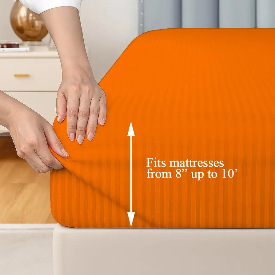 Trance Home Linen 100% Cotton 78x60 inch Queen Fitted 200TC Satin Stripe Elastic Fitted Bedsheet with 2 Pillow Covers Colour Orange