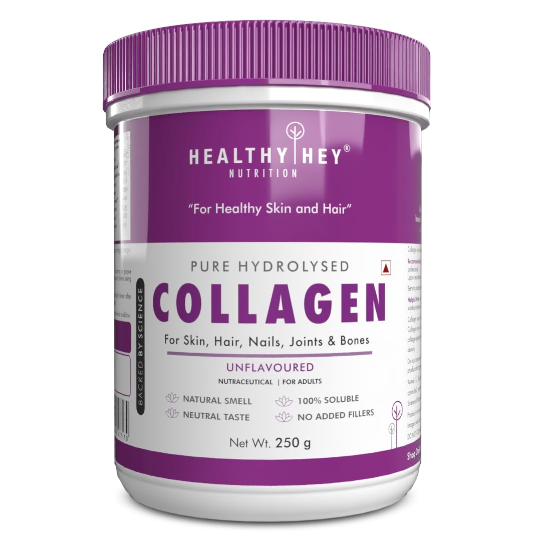 HealthyHey Nutrition Collagen Powder | Collagen Supplement for Glowing Skin | Pure Hydrolysed Collagen Powder for Women and Men | Unflavoured - 250 gm