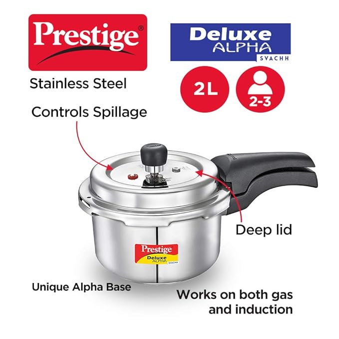 Prestige Svachh Deluxe Alpha 2.0 Litre Stainless Steel Outer Lid Pressure Cookers Silver 2 Liter