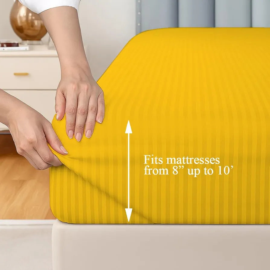 Trance Home Linen 100% Cotton 78x66 inch 200TC Satin Stripe Elastic Fitted Bedsheet Daily Use Double Bed Fitted Bedspread with 2 Pillow Covers Colour Golden Yellow