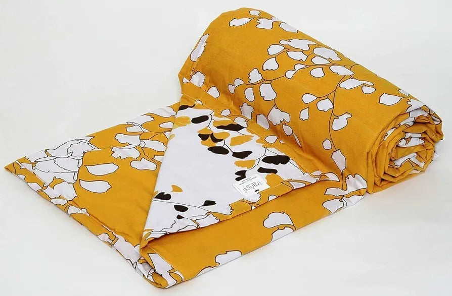Trance Home Linen 150 GSM Pure Cotton Reversible Dohar Double Bed Size AC Blanket Comforter Soft Light-Weight Bed Blanket Colour Mustard White Leaves