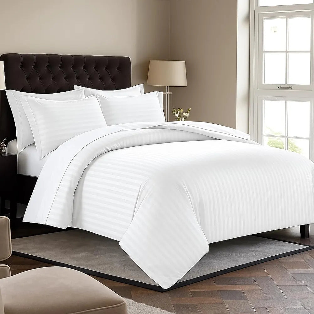Trance Home Linen Zippered 100% Cotton 200 TC Satin Stripe Queen Duvet Cover Quilt Cover with 2 Pillow Covers Colour White