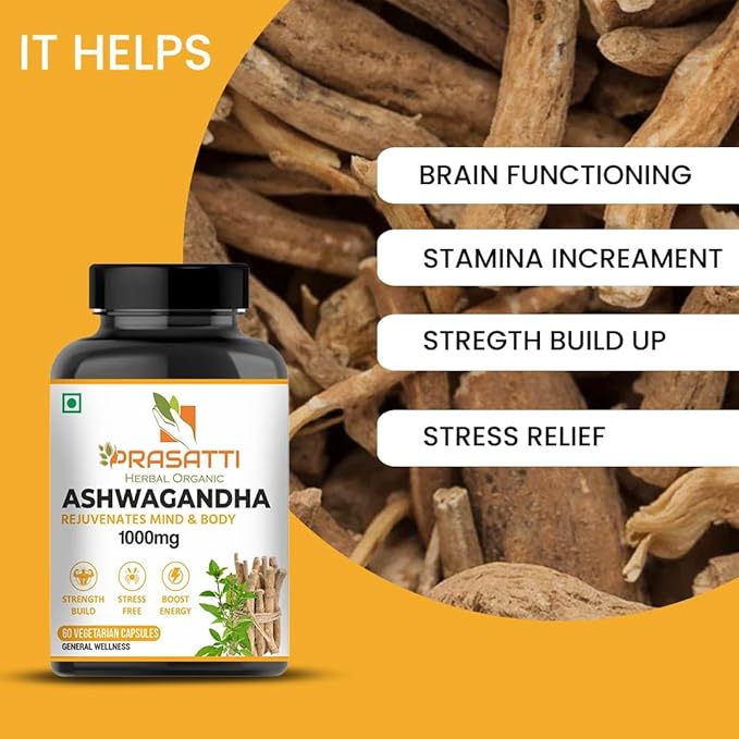 Prasatti Herbal Organic Plant Based Ashwagandha Supplements 1000mg With Ashwagandha Roots Extract - 60 Veg Capsules