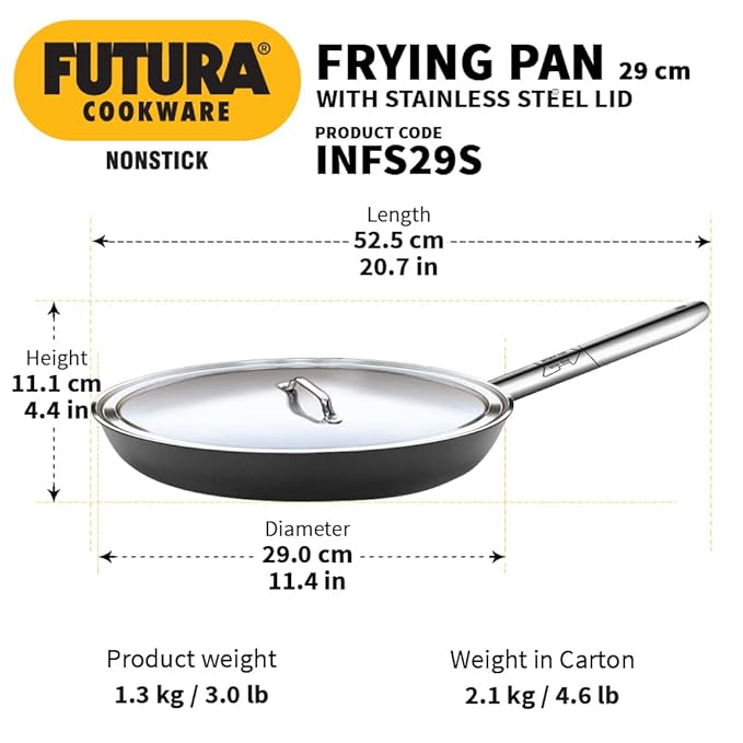 Hawkins Futura 30 cm Frying Pan Non Stick Fry Pan with Stainless Steel Handle and Stainless Steel Lid