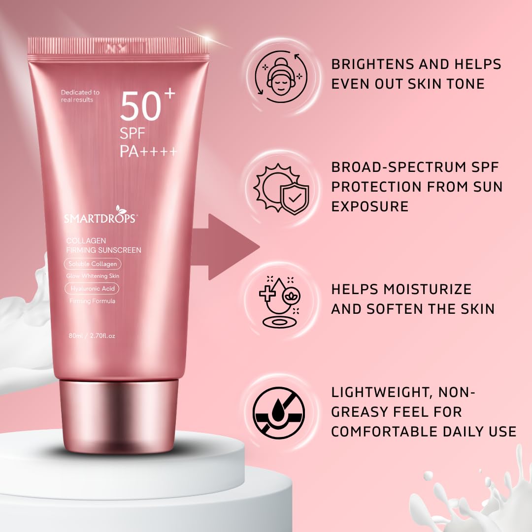 Smartdrops Collagen Sunscreen SPF 50+ PA++++ with Hyaluronic, Lightweight Daily Sun Protection Cream for Men & Women, All Skin Types (Pack 1)