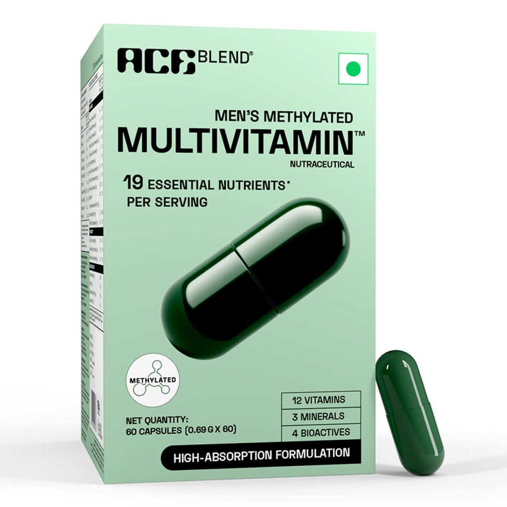 Ace Blend Multivitamin Capsules for Men | Pack of 60 | Methylated Multivitamin with 19 Essential Nutrients | Quatrefolic, MenaQ7 & Vitashine D3 | Supports Energy, Immunity, Focus & Heart Health
