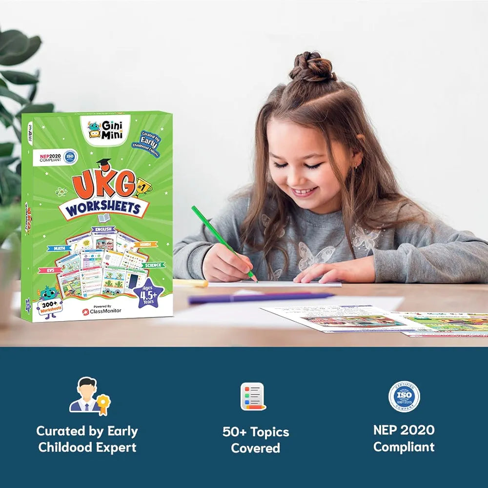 GiniMini 300+ UKG Worksheets for 4 5 6 7 Years Learning & Writing Activities, Return & Birthday Gifts for Boys Girls