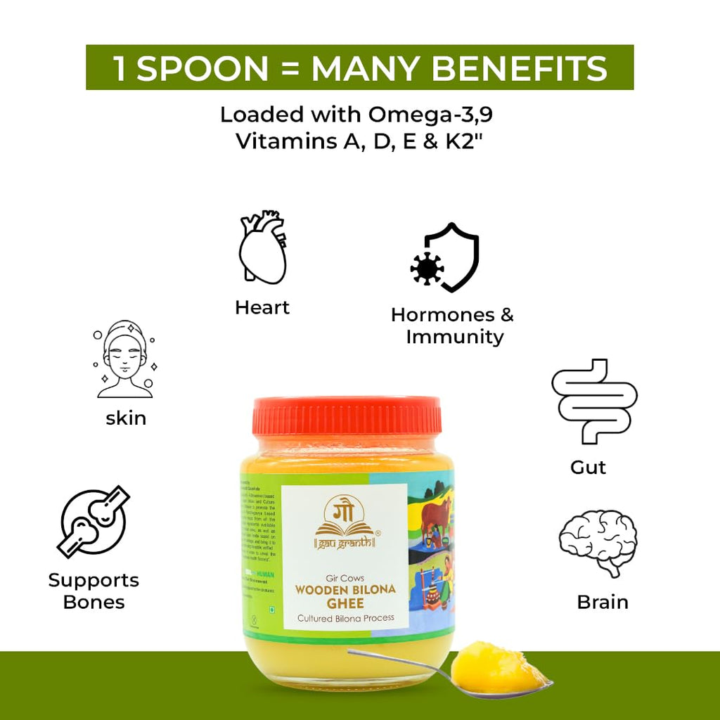 cow ved GauGranth A2 Gir Cow Ghee – 500ml (Pack of 1) | Traditional Wooden Bilona Desi Ghee | Hand-Churned from Grassfed A2 Gir Cow Milk | 100% Pure, Natural & Healthy | Vedic Method | Glass Jar Packaging