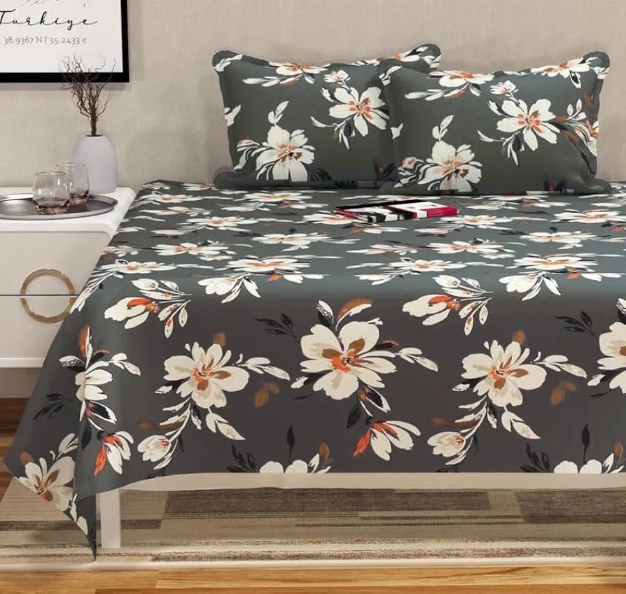 HomeKart Floral Printed Cotton Feel Double Bedsheet with 2 Pillow Covers 200 Tc Soft Premium Printed Bedsheet for Home Bedroom Dark Grey