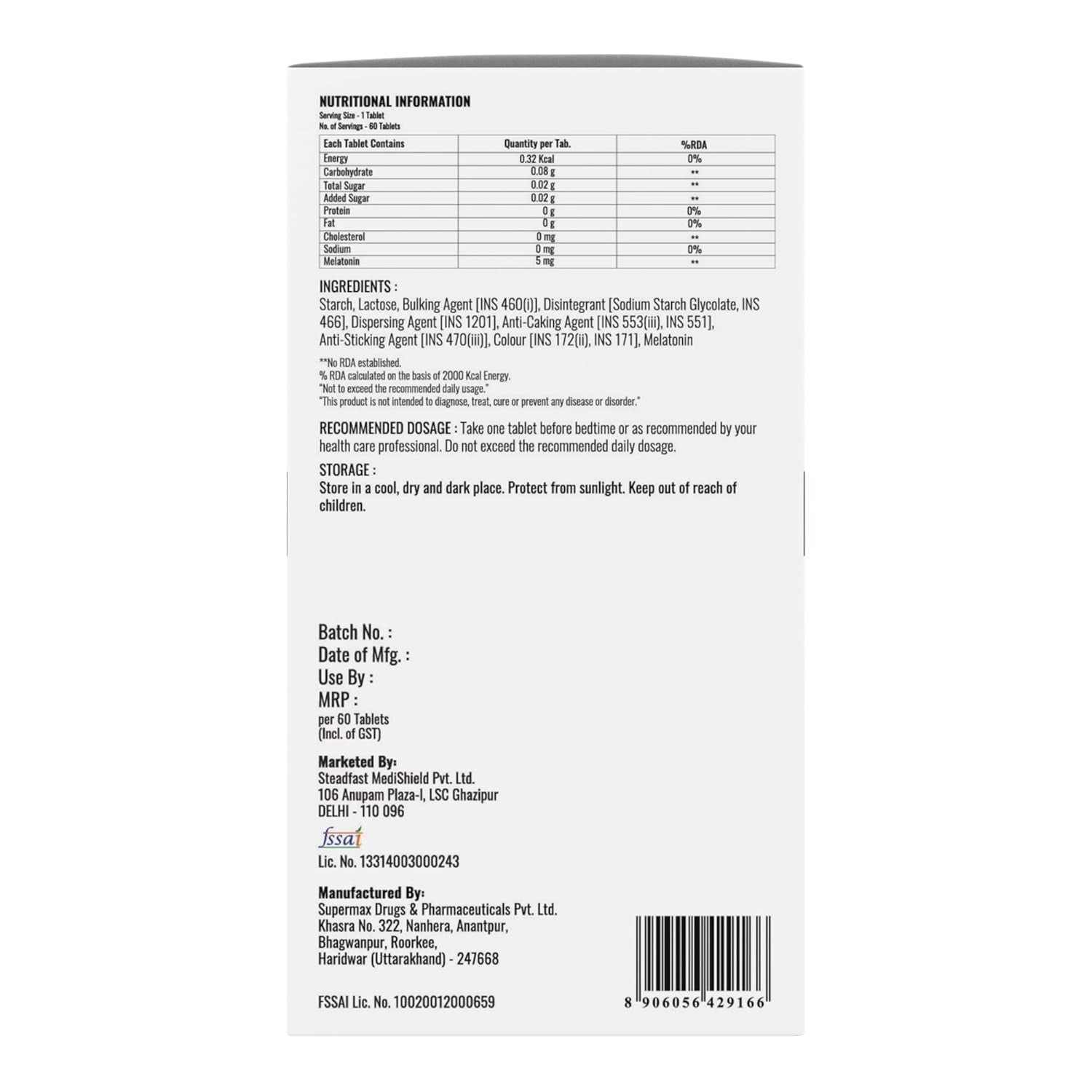 Steadfast Nutrition Melatonin Supplement 5mg for Deep Sleep - 60 Tabs
