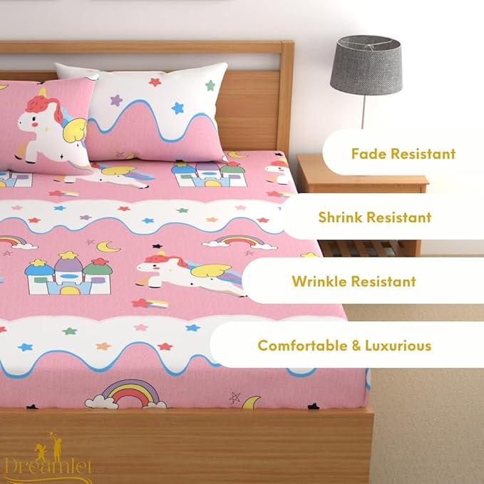 Dreamlet 180tc Cotton Feel All Around Elastic Fitted Bedsheets King Size for Double Bed With 2 Pillow Covers | Baby Pink