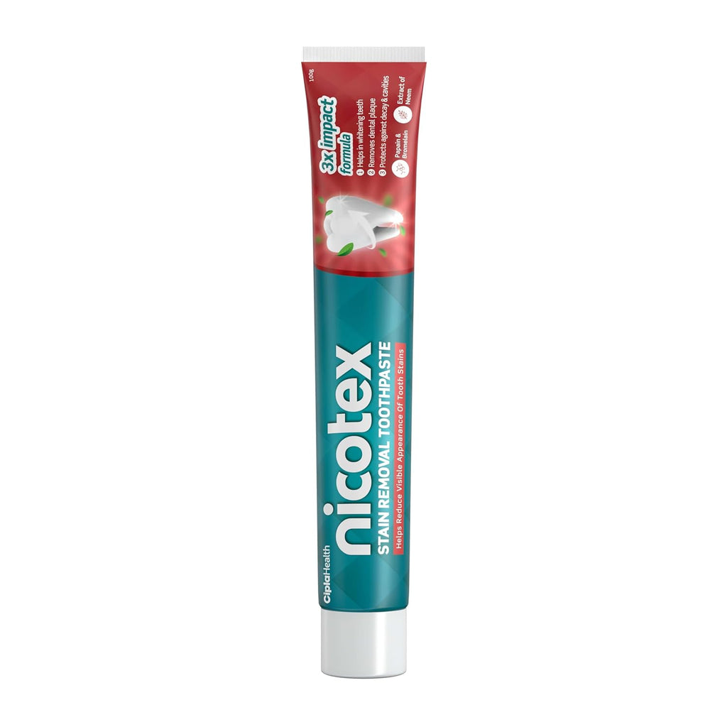 Cipla Nicotex Stain Removal Toothpaste | Teeth Whitening, Plaque Removal, Protection Against Decay And Cavities | Papain, Bromelain, Neem Extract, Meswak Extract | With Fluoride | Sls Free | 100G