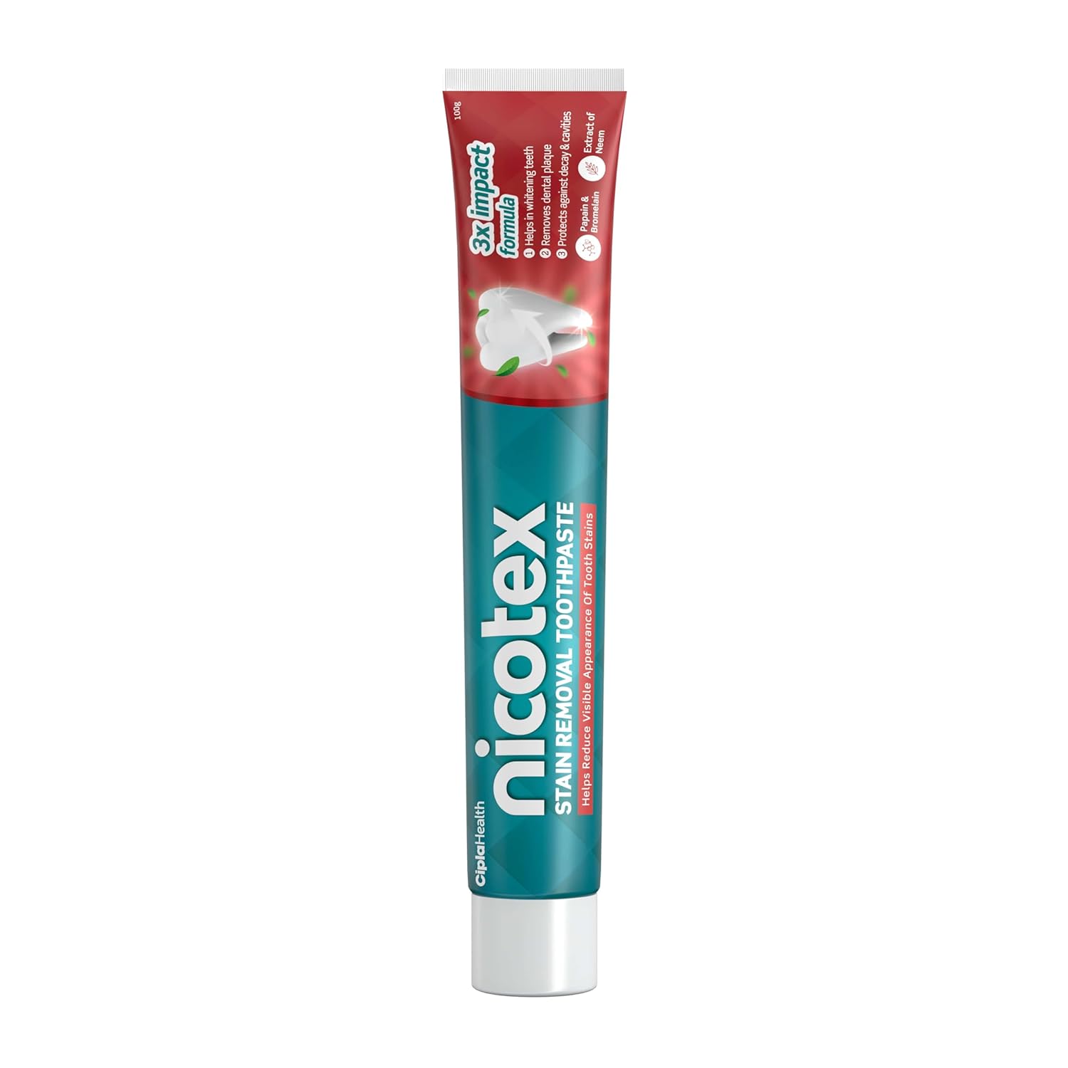 Cipla Nicotex Stain Removal Toothpaste | Teeth Whitening, Plaque Removal, Protection Against Decay And Cavities | Papain, Bromelain, Neem Extract, Meswak Extract | With Fluoride | Sls Free | 100G