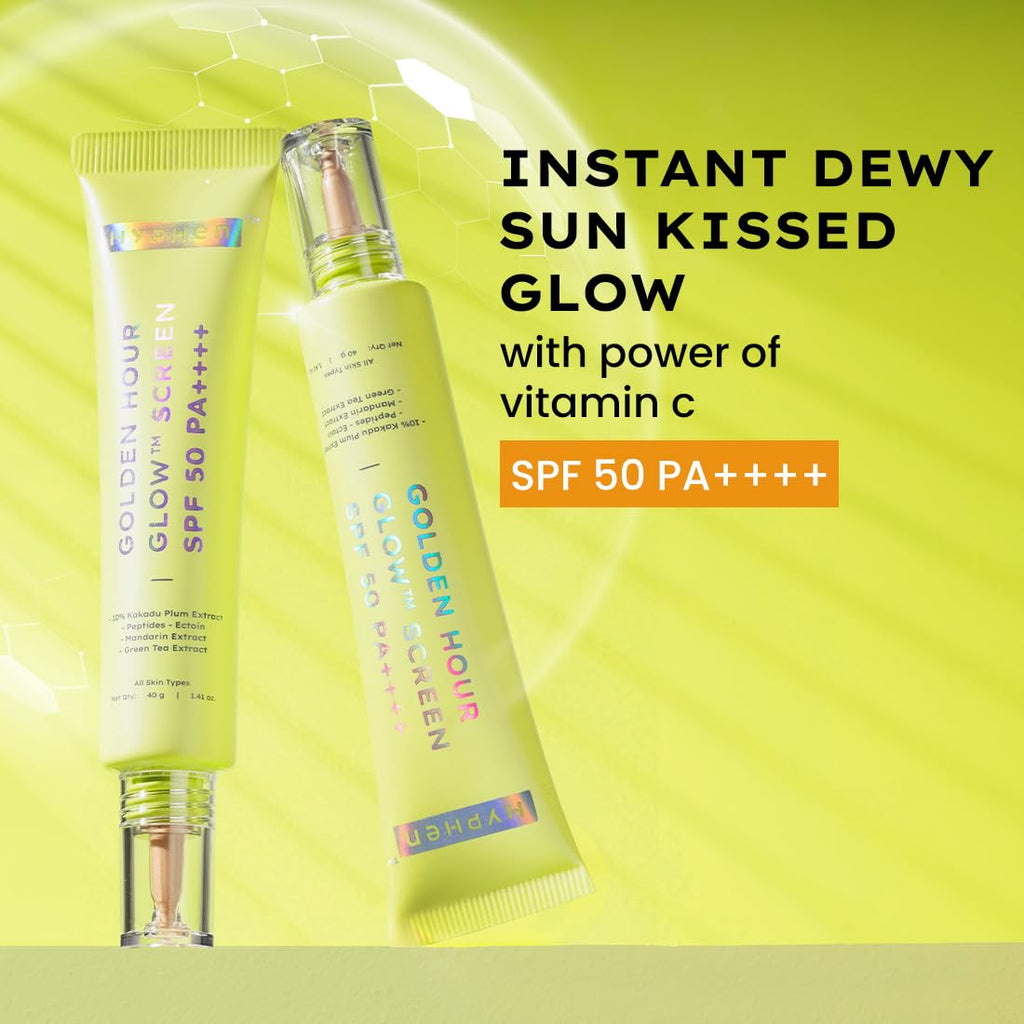 Hyphen Golden Hour Glow Sunscreen Spf 50 Pa++++ Dewy Glow & Bright Skin| Vitamin C Rich-10% Kakadu Plum & Peptides| Winter Sunscreen Moisturizer for Women & Men|Lightweight & Non Greasy, Uv & Blue Light Protection|Dry & All Skin Types - 40G