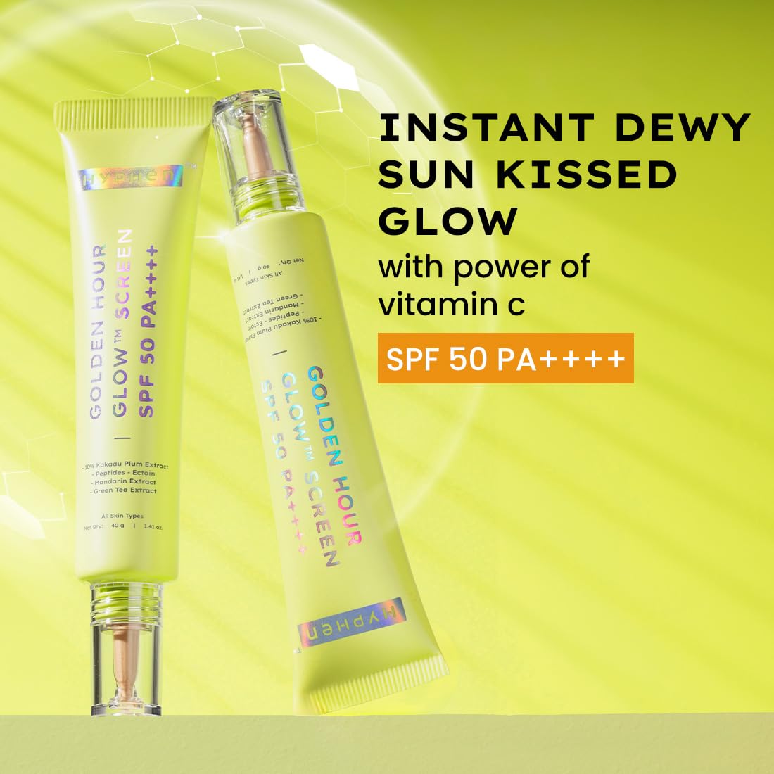 Hyphen Golden Hour Glow Sunscreen Spf 50 Pa++++ Dewy Glow & Bright Skin| Vitamin C Rich-10% Kakadu Plum & Peptides| Winter Sunscreen Moisturizer for Women & Men|Lightweight & Non Greasy, Uv & Blue Light Protection|Dry & All Skin Types - 40G