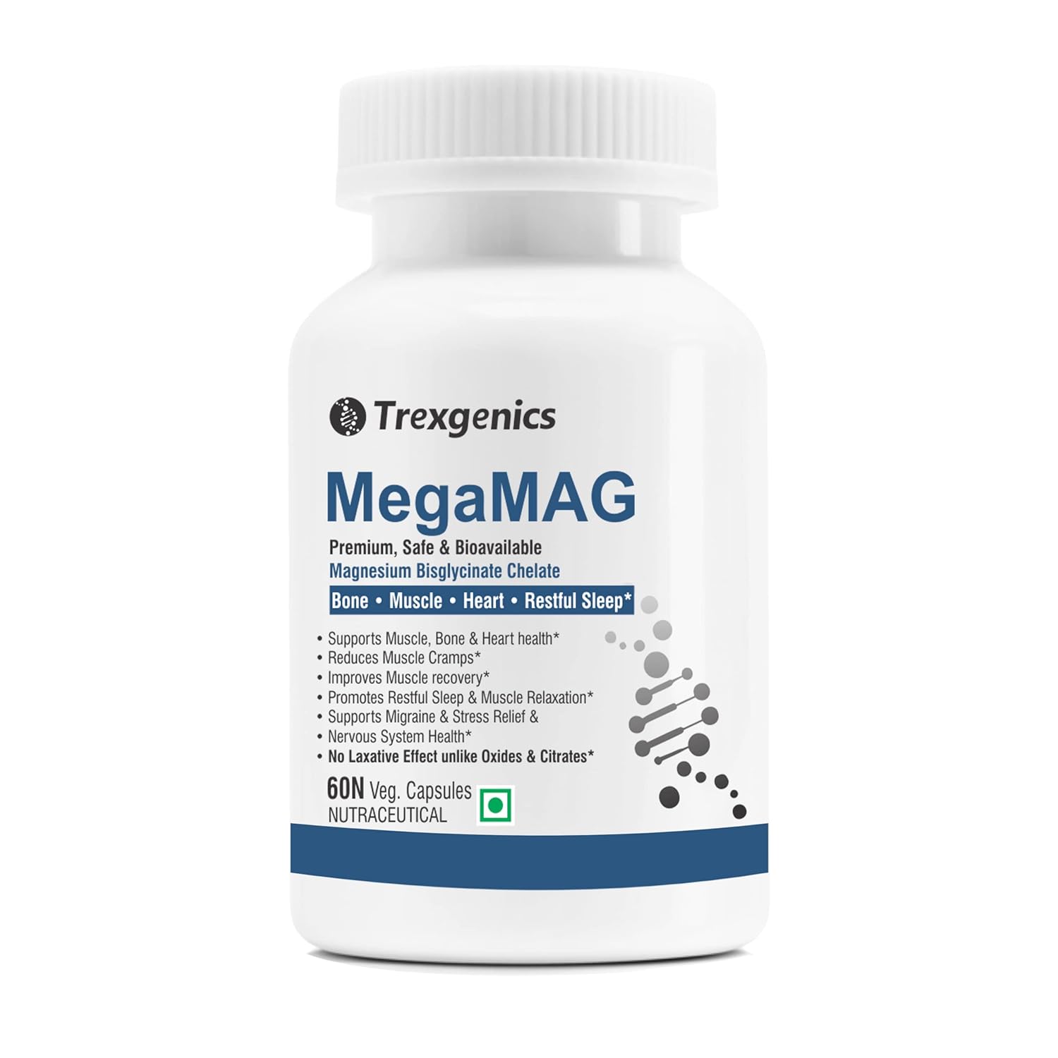 Trexgenics MegaMAG 785mg Magnesium Bisglycinate - Most Bioavailable Magnesium for Sleep, Muscle, Bone & Heart Support (60 Veg. Capsules) (Pack of 1)