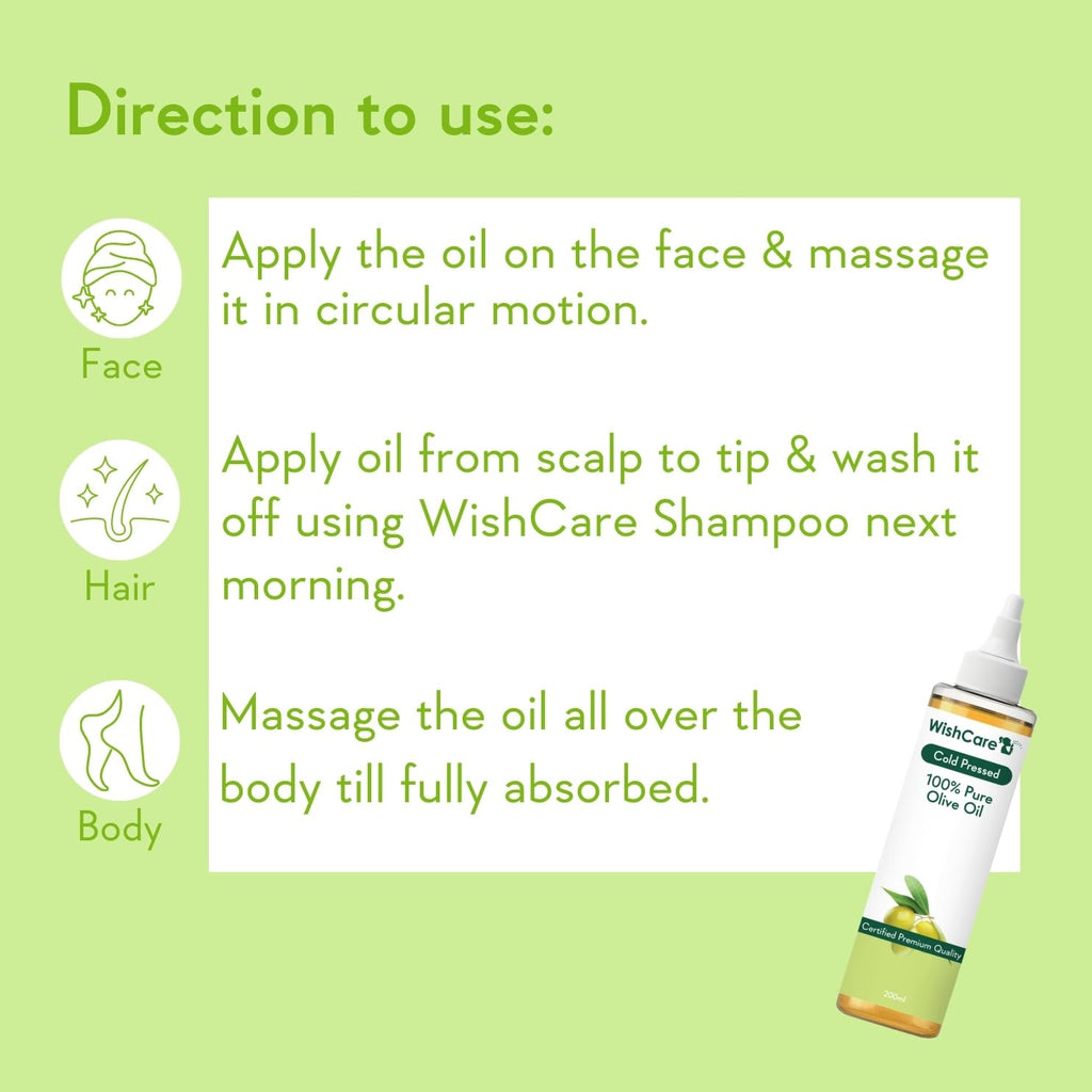 WishCareÂ® 100% Pure Premium Cold Pressed Olive Oil for Hair & Skin - 200ml