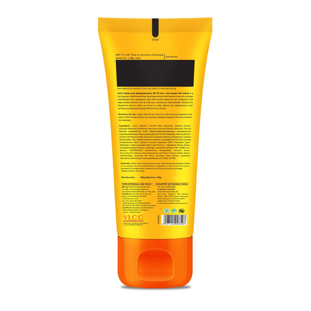 VLCC Bright Glow Matte SPF 30 PA ++ Sunscreen Gel Crème - 100g + 10g Extra - Helps Depigmentation, Non-Greasy Tinted Matte Formula with Broad Spectrum Protection