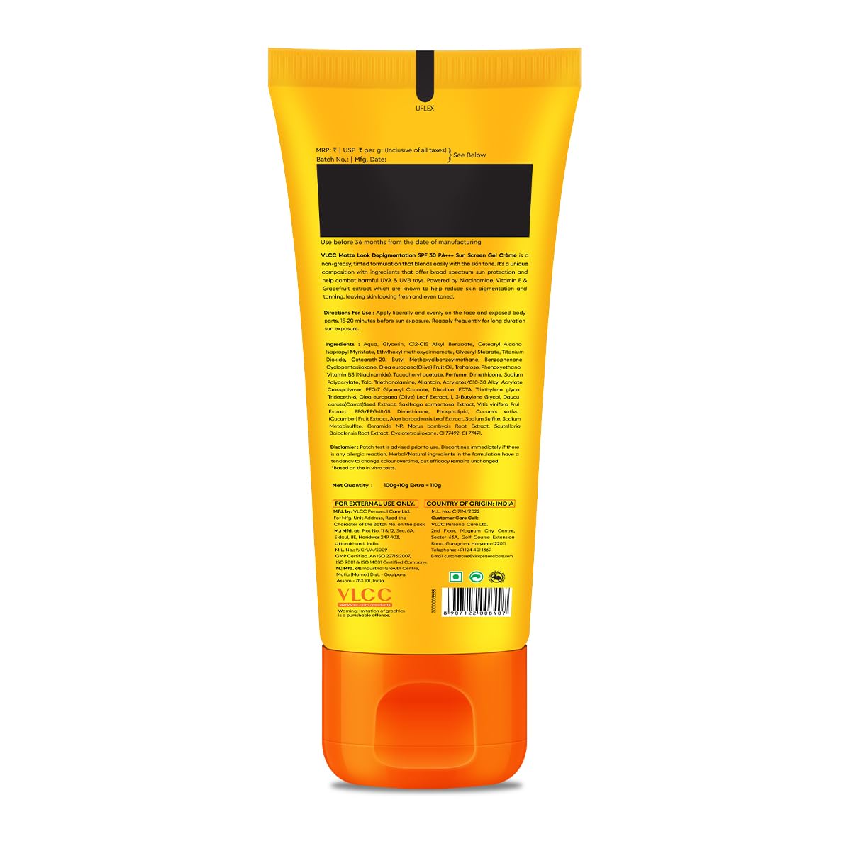 VLCC Bright Glow Matte SPF 30 PA ++ Sunscreen Gel Crème - 100g + 10g Extra - Helps Depigmentation, Non-Greasy Tinted Matte Formula with Broad Spectrum Protection