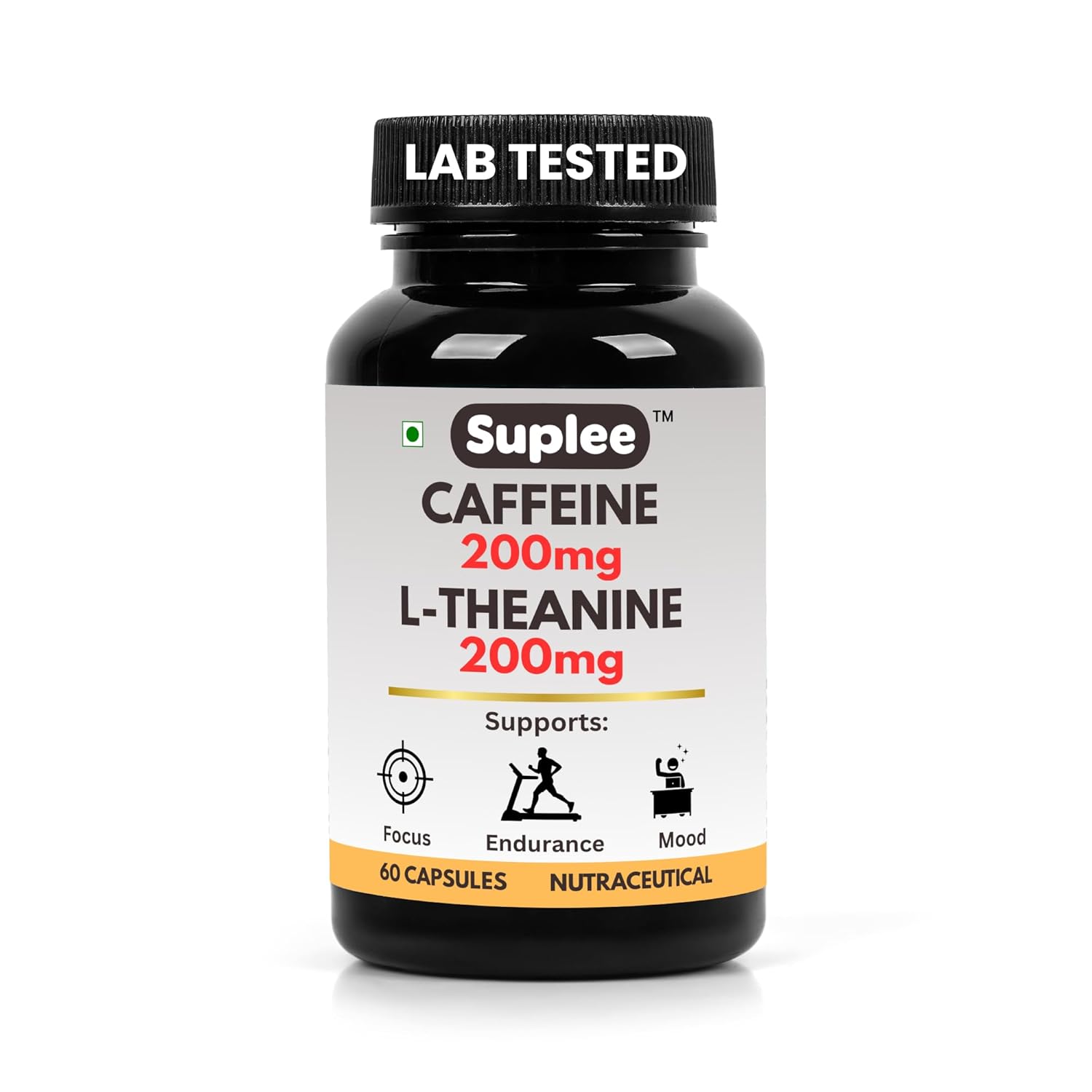 Suplee Caffeine 200mg & L-Theanine 200mg, Focus & Alertness Support, Pre-Workout & Study Aid, 60 Veg Capsules