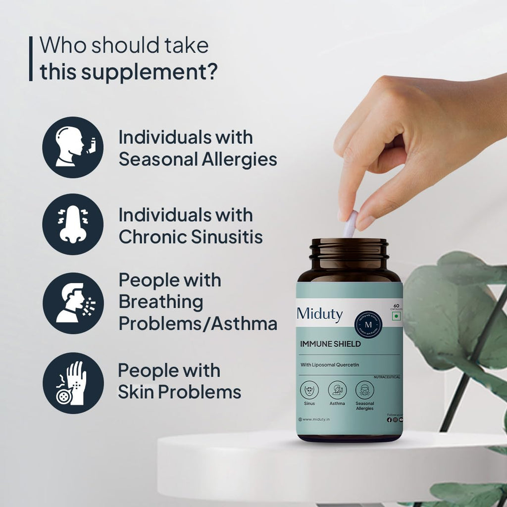 Miduty by Palak Notes Immune Shield Bromelain For Seasonal Allergies, Boost Immunity, Nasal Drip, Difficulty Breathing, Nasal Congestion - Asthma - Allergy Medicine, Anti-Inflammatory - 60 Caps