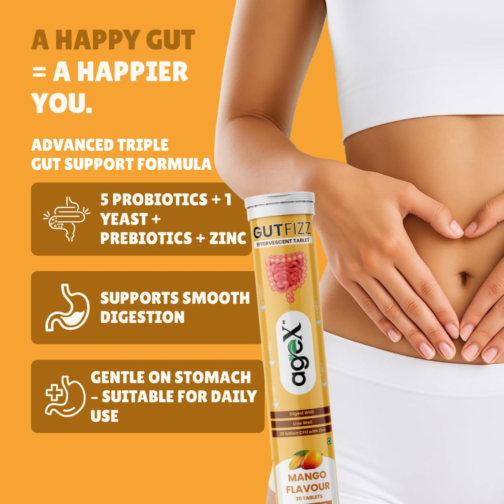 Gutfizz Probiotic 20 Effervescent Tablets | Gut Health Supplements with Limosilactobacillus | Sugar Free, 25 Billion CFU with Zinc | Digestive Enzymes Tablets | Mango Flavour (Pack of 1)