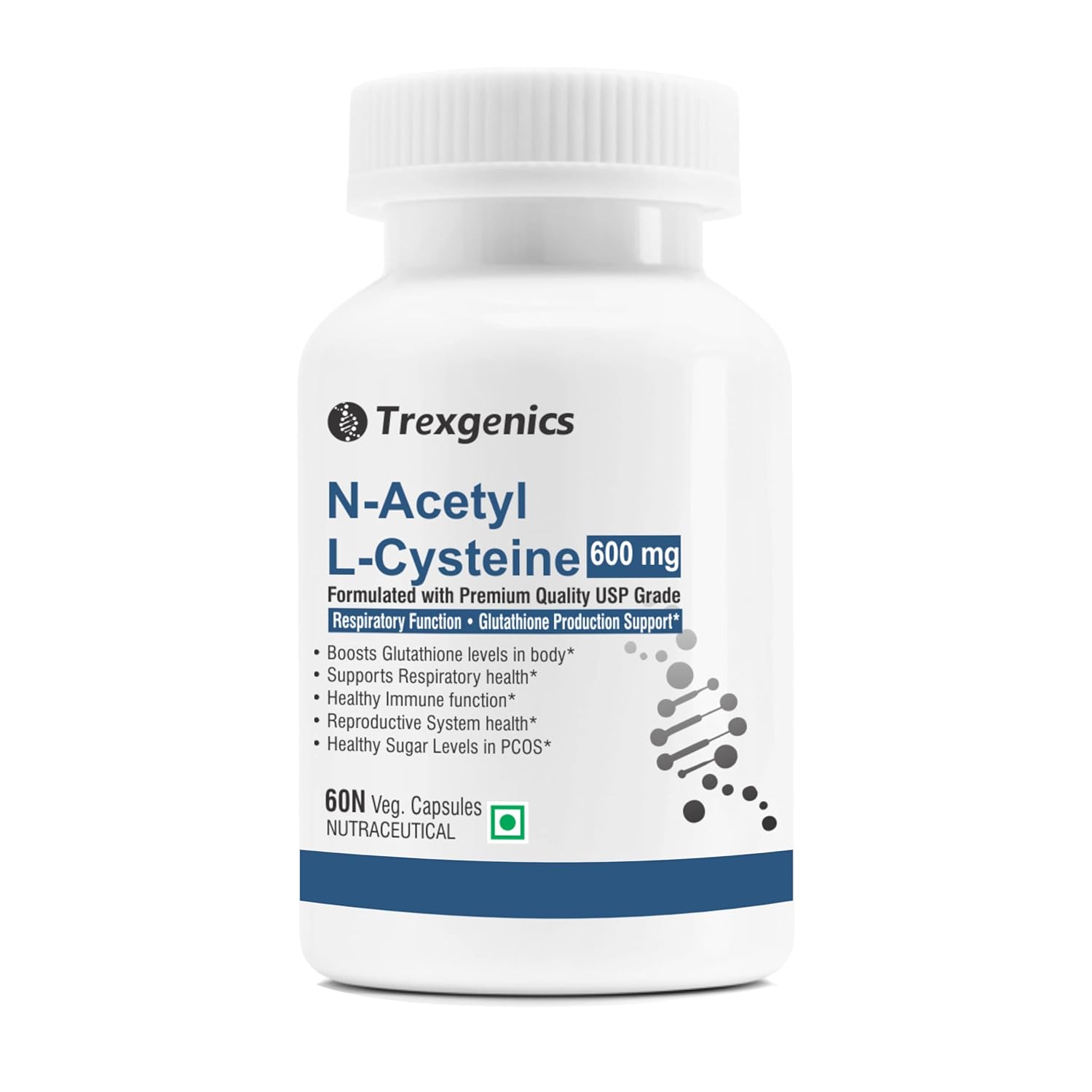 Trexgenics N-ACETYL L-CYSTEINE 600 mg Respiratory Health, Glutathione Production, Immunity, (60 Veg. Capsules) (Pack of 1)