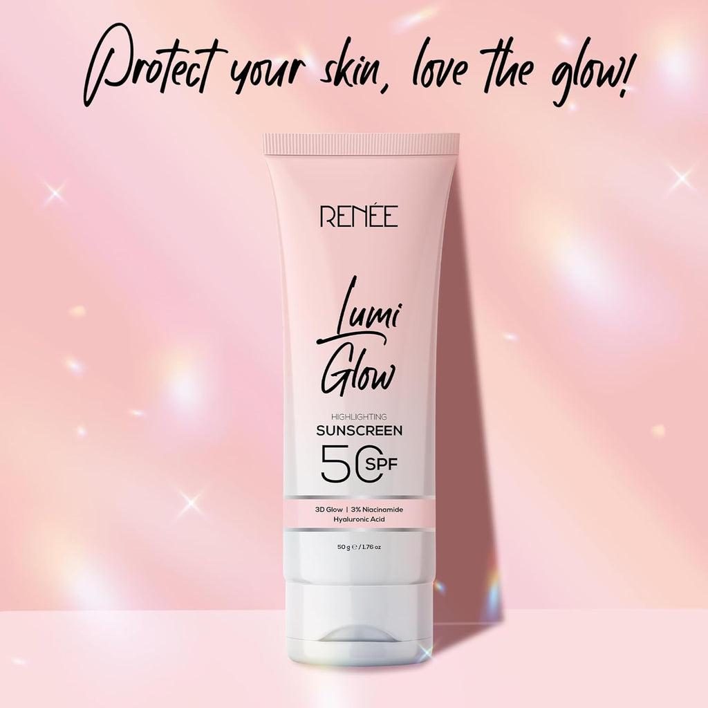 RENEE Lumi Glow Highlighting Sunscreen with SPF 50 | In-Vivo Tested | With Niacinamide & Hyaluronic Acid | Lightweight & Non-Sticky | No White Cast | Protects against UVA-UVB | Radiant Finish | 50g