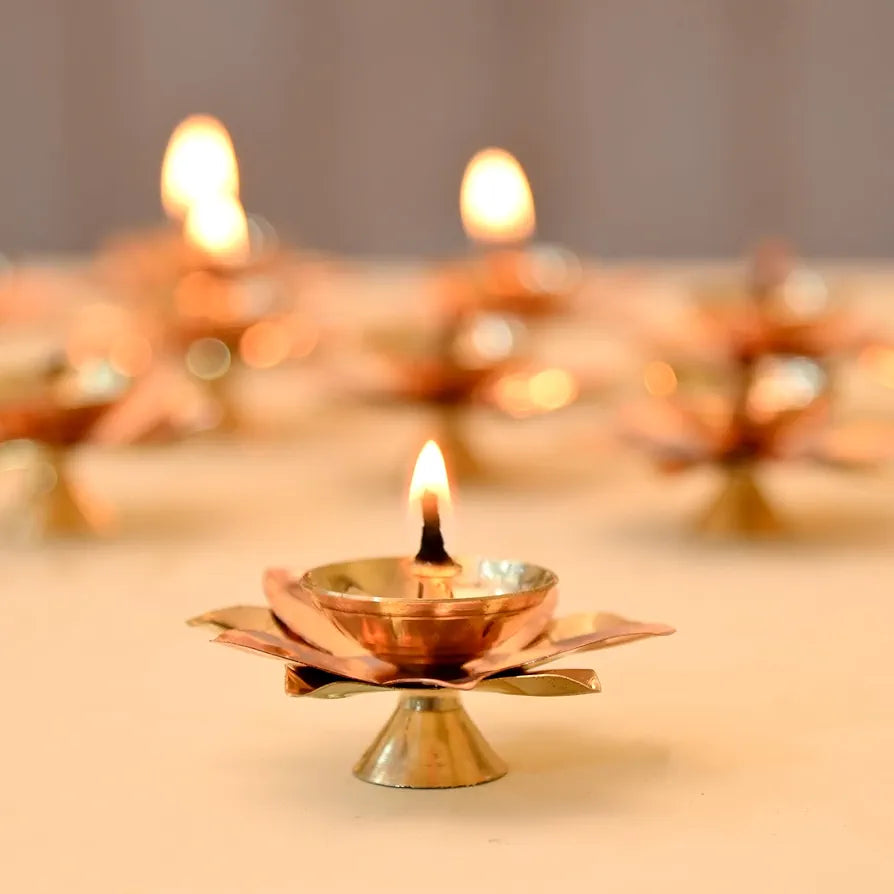 Collectible India Brass Diya Lamp Lotus Shape Decorative Akhand Deepak for Pooja - Set of 2