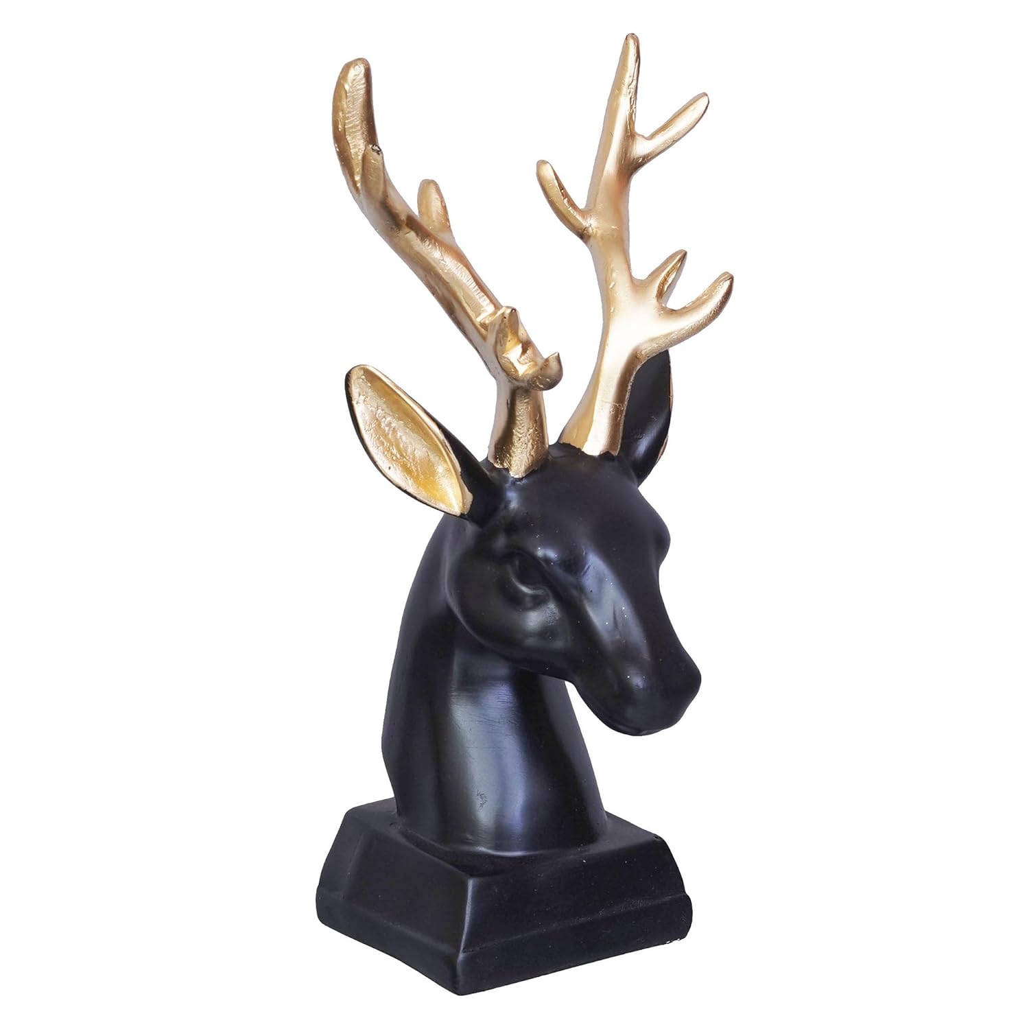 Ecraftindia Black Polyresin Reindeer Head Statue With Golden Antlers Animal Showpiece