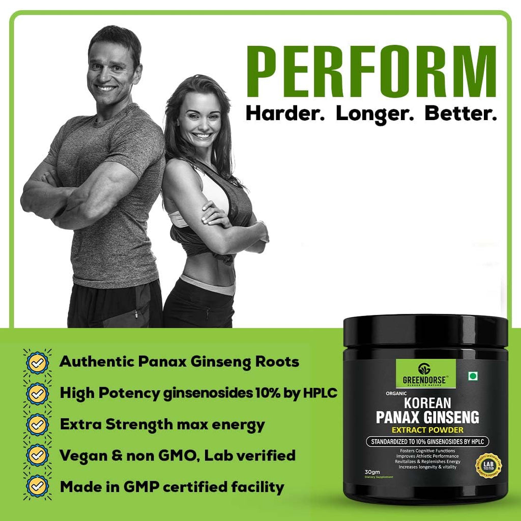 GREENDORSE Organic Korean Panax Ginseng Extract Powder |10% active Ginsenosides by HPLC | Lab tested| Immune & Cognitive support, Boosts Energy, Stamina, Vegan Friendly-30g