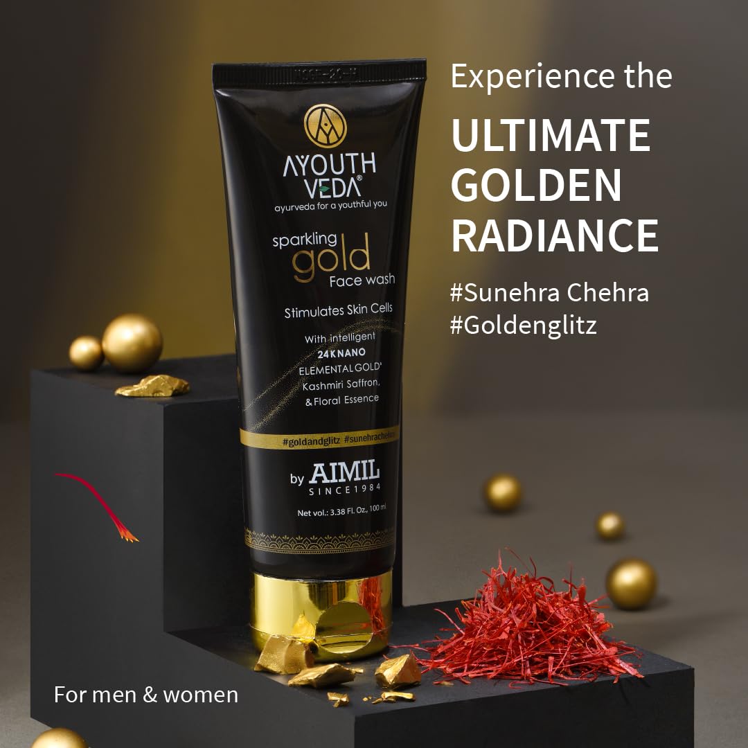Ayouthveda Sparkling 100 ml Gold Face Wash With 24k Gold & Saffron | Face Wash for Glowing Skin Men and Women | Suitable for Normal & Dry Skin (Pack of 1, 100Ml)